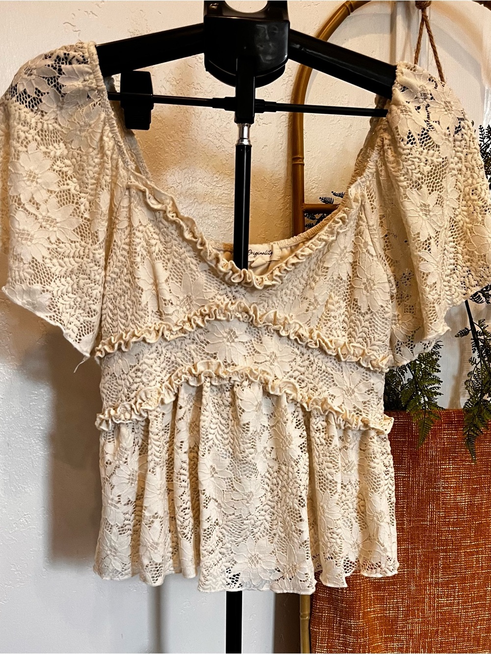 Cream Lace Ruffle Peplum Blouse